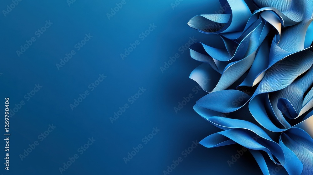Poster abstract swirling blue ribbon forms against solid blue background with negative space on left side c