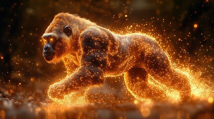 Majestic golden gorilla jumps powerfully with glowing light particles against a bright red background