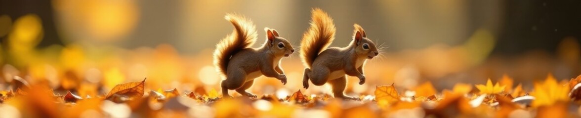 Squirrel siblings chasing each other through autumn leaves, nature, acorns