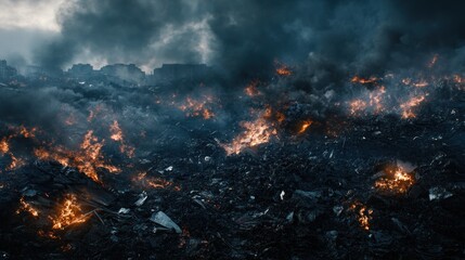 A desolate landscape filled with smoke and flames, depicting environmental destruction.