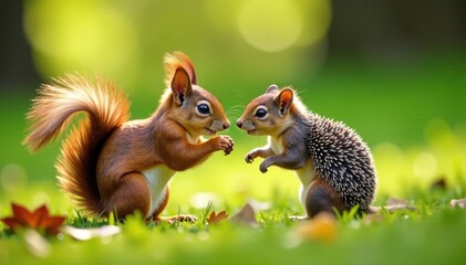 Squirrel and hedgehog friends playing together in park, animals, forest friend