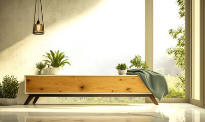 Minimalist interior design featuring wooden furniture and indoor plants in bright sunlight
