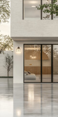 Modern architectural design featuring spacious living area and outdoor greenery in daylight