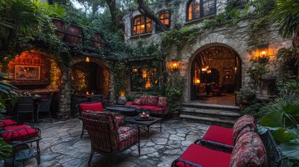 Naklejka premium Boutique hotel courtyard with an open-air seating area, lush greenery, and a relaxing ambiance.