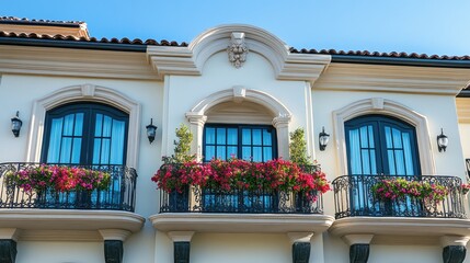 Classic European-style hotel exterior with charming balconies, flower-filled window boxes, and historic architecture.