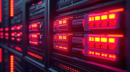 Red-lit server rack, data center, digital, glowing, technology, processing, background lights, website