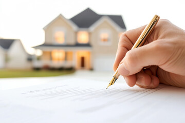 person is elegantly signing document with fountain pen, capturing moment of commitment and formality in front of beautiful house. scene conveys sense of achievement and new beginnings