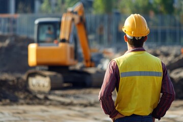 Construction worker watches heavy machinery in action at a building site during daytime