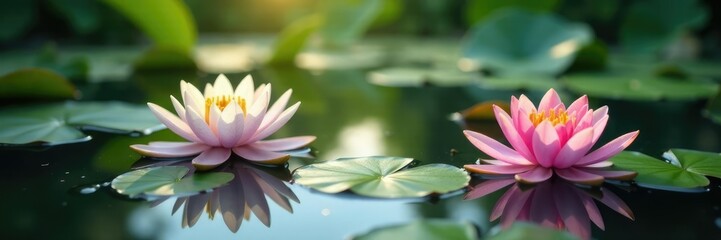 Water lily flowers float on a peaceful pond surface, float, aquatic, surface