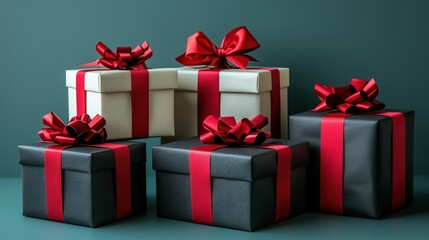 Obraz premium Red-ribboned gifts, studio shot, dark background, holiday