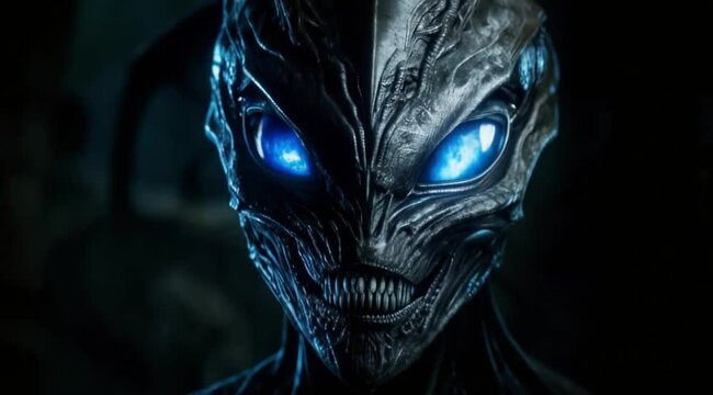 Alien Creature with blue Eyes Stares into Darkness
