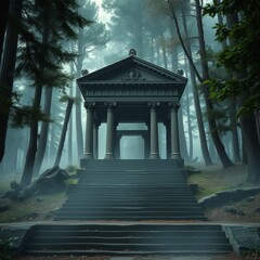 Obraz premium Temple in ruins, forest, stairs, columns, cinematic, detailed, atmospheric, epic, concept art, matte painting, background, mist, photo-realistic, concept art, volumetric light