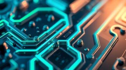 Fototapeta premium A high-tech close-up of a futuristic circuit board with glowing neon-blue and orange pathways.