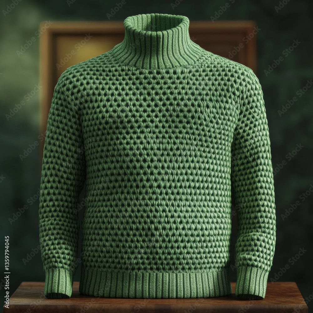 Poster textured 3d green turtleneck sweater with unique pattern design