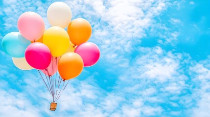 Group of Colorful Balloons Rising Into a Bright Sky.
