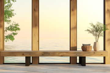 Modern interior with wooden bench overlooking calm waters during sunset