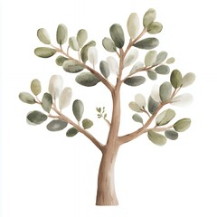 Obraz premium Watercolor Painting of a Small Tree with Green and Gray Leaves