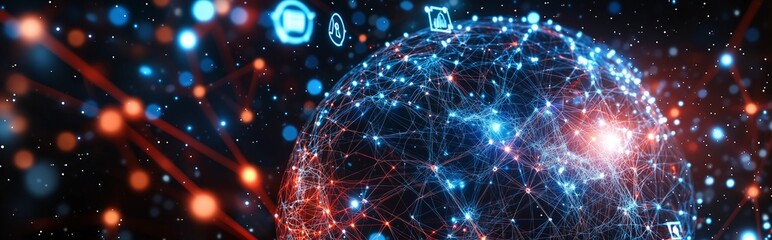 Fototapeta premium Floating Brain and Circuit Board Fusion with Quantum Particles Flowing in Dark Blue Chaos