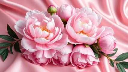 Obraz premium Delicate pink and white peonies against a smooth silk surface, peonies, lush