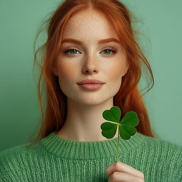 A beautiful woman with red hair and a shamrock