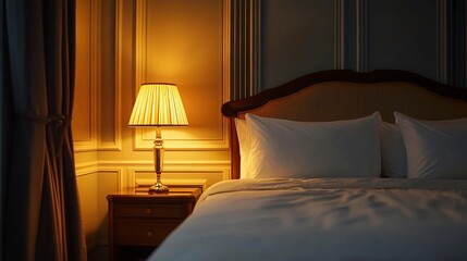 Elegant bedroom design, king-sized bed with layered linens, stylish lamp casting a warm glow, refined decor elements enhancing luxury, front-facing perspective.  