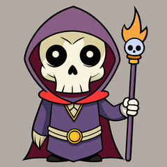 Animated Bone-Chilling Character: a cartoonish illustration of a skeletal figure dressed in a hooded robe and holding a fiery staff, embodying a playful, slightly eerie vibe.