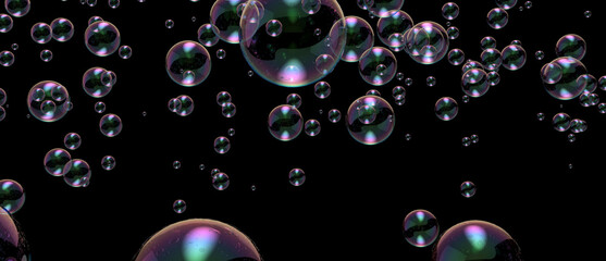 An array of iridescent bubbles floating against a dark backdrop.