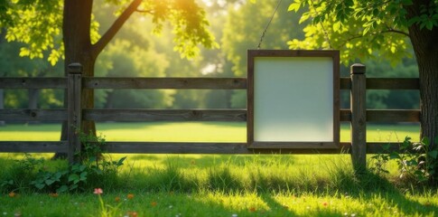Naklejka premium A blank wooden fence with a hanging frame in a serene park environment , , fence