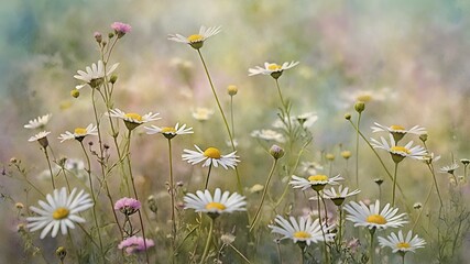 A serene wildflower meadow featuring lavender and chamomile, with daisies scattered across lush green grass. soft colors evoke peaceful and calming atmosphere