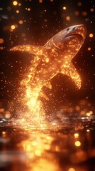 Majestic golden shark leaps powerfully through glowing particles against a vibrant red backdrop