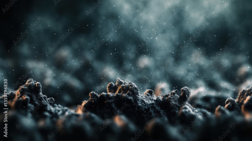 Poster close-up view of a dark textured surface with rocky landscape and hazy ethereal atmosphere with susp