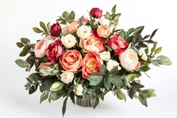 A vibrant floral arrangement featuring peonies, roses, and greenery in a decorative vase