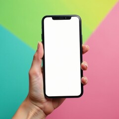 A female hand cradles a cell phone on her palm, with the screen displaying a blank white background , palm rest, close-up, minimalist