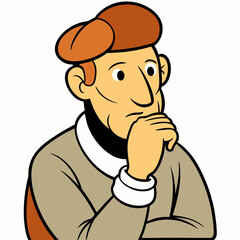 Obraz premium Thoughtful Contemplation: A colorfully illustrated man with a pensive expression, hand resting on his chin, lost in thought, creating a captivating study in the realm of human emotion.