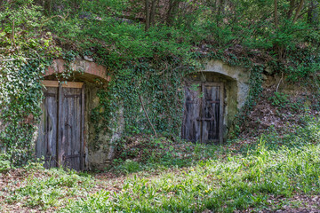 Entrance to a typical Franconian beer cellar in the middle of the forest near Pretzfeld in...