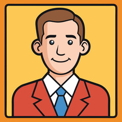 Confident Professional Portrait: A stylized cartoon portrait of a smiling man exudes professionalism and approachability, set against a vibrant backdrop.