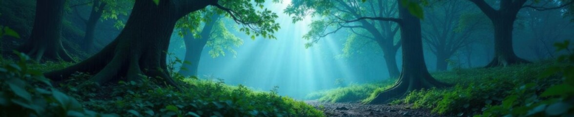 A peaceful forest glade bathed in soft blue light after rain, overgrown vegetation, gentle stream