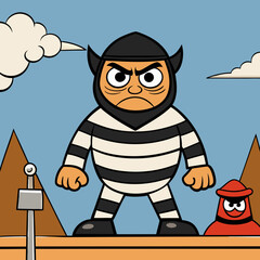 Obraz premium Angry Cartoon Character: A cartoon character with an angry face, standing tall, embodies strength, courage and determination against a dramatic background.