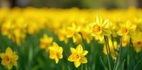 Fototapeta premium A sea of golden daffodils stretches across the landscape, with delicate white centers and slender stems, bright yellow petals, daffodil
