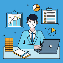 Business Professional and Data: A stylish business professional engrossed in data analysis and market research, surrounded by graphs, charts, and a laptop.