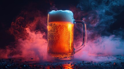 Frosted Beer Mug with Bubbles and Colorful Smoke Effect for Bar Promotions