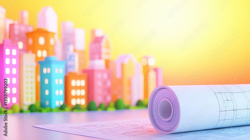 Poster a colorful cityscape with a rolled blueprint in the foreground, suggesting themes of architecture, d