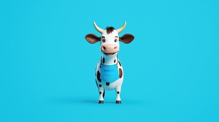 Humanized cow stands confidently in azure background wearing kitchen apron and farmer hat, exuding cheerful and vibrant vibes