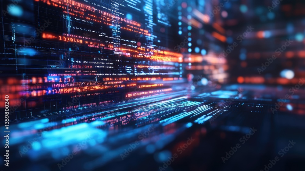 Poster abstract digital data stream with vibrant neon colors flowing through a futuristic environment