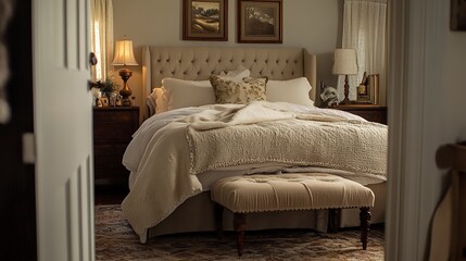 Fototapeta premium Inviting bedroom, bed with soft neutral bedding, pillows, and blanket, footstool at the foot of the bed, natural light enhancing a cozy atmosphere, wide-angle doorway shot.