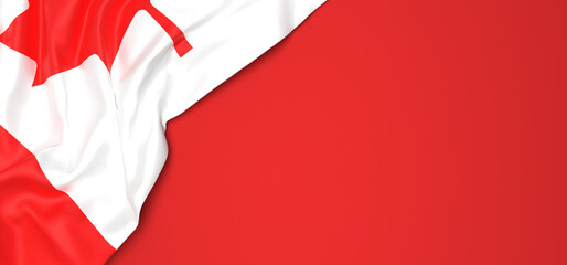 The flag of Canada draped in the upper left corner against a red background.