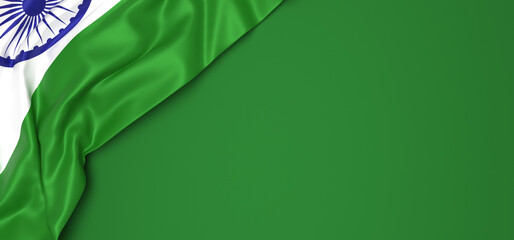 The flag of India draped in the upper left corner against a green background.