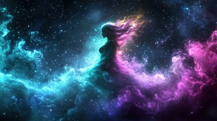 Fototapeta premium Surreal Cosmic Woman Silhouette in Vibrant Nebula Colors