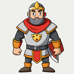 Medieval King Cartoon: A cartoon illustration of a brave medieval king, wearing a golden crown and armor, ready to defend his kingdom.  He carries a large shield.