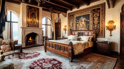Fototapeta premium Luxurious castle interior, stately bedroom with a carved wooden bed, stone fireplace, rich tapestries adorning the walls, and plush rugs, front-facing perspective. 